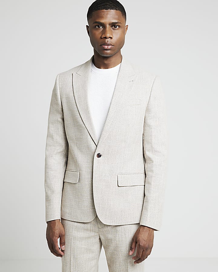 Beige slim fit texture suit jacket