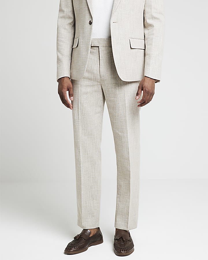 Beige slim fit texture suit trousers