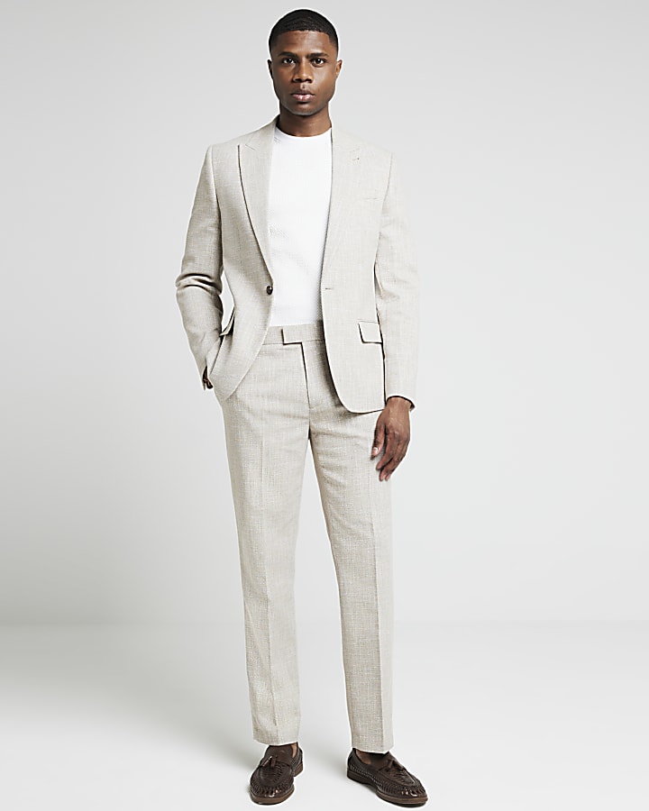 Beige slim fit texture suit trousers