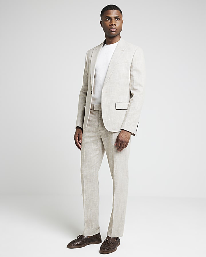 Beige slim fit texture suit trousers