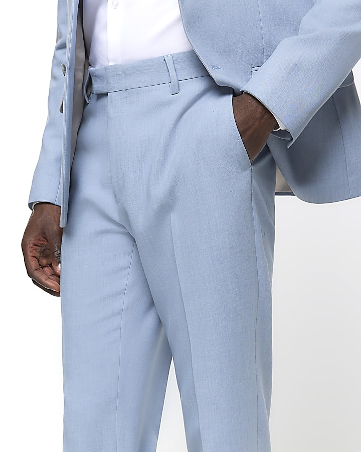 Blue slim fit textured suit trousers