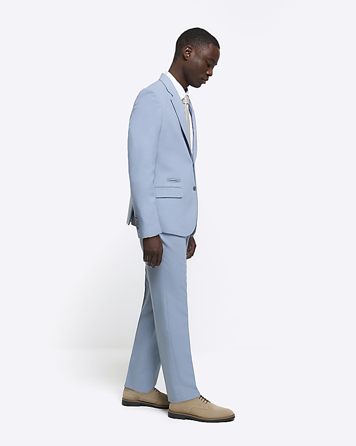 Blue slim fit textured suit trousers