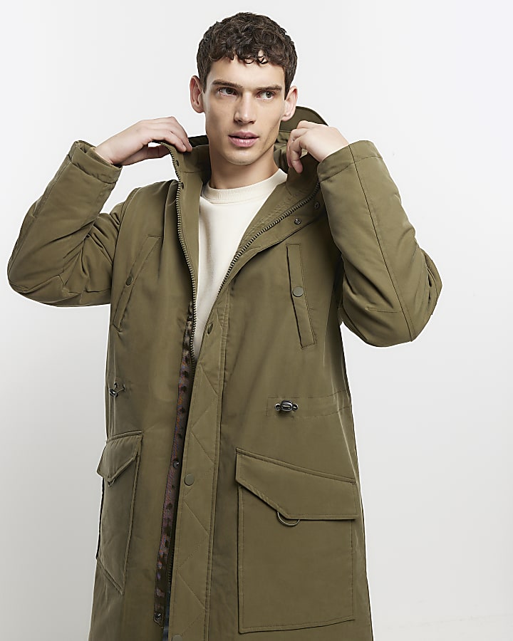 Khaki regular fit utility hooded parka jacket