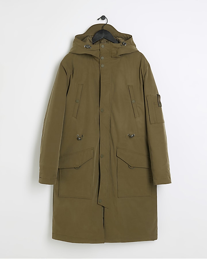 Khaki regular fit utility hooded parka jacket