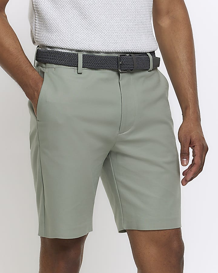 Green slim fit belted chino shorts