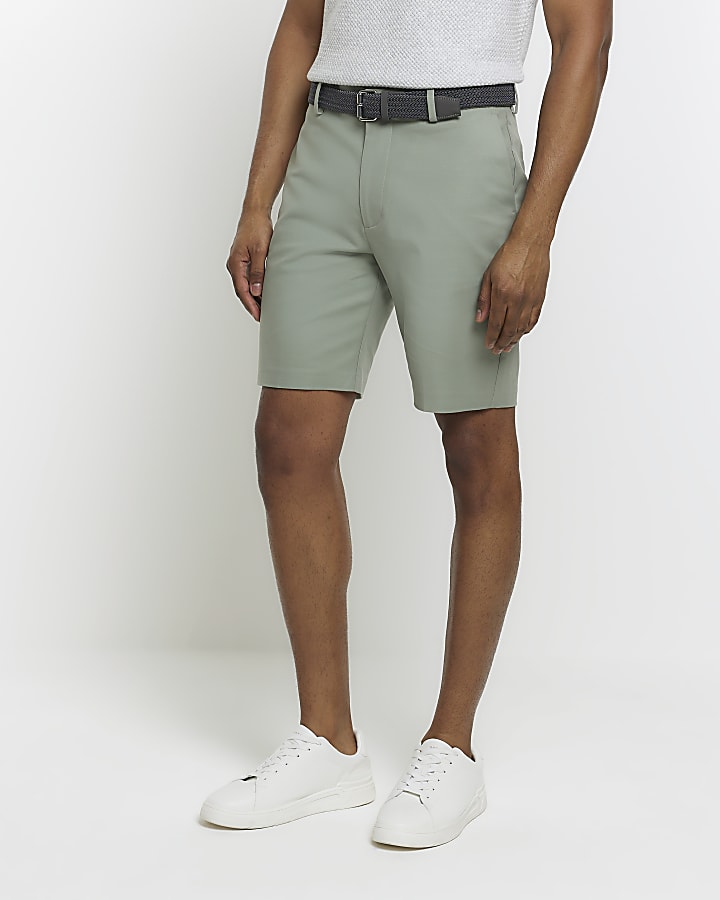 Green slim fit belted chino shorts