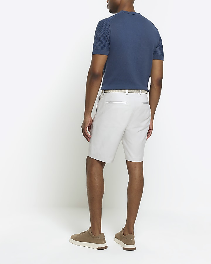 Cream slim fit belted chino shorts