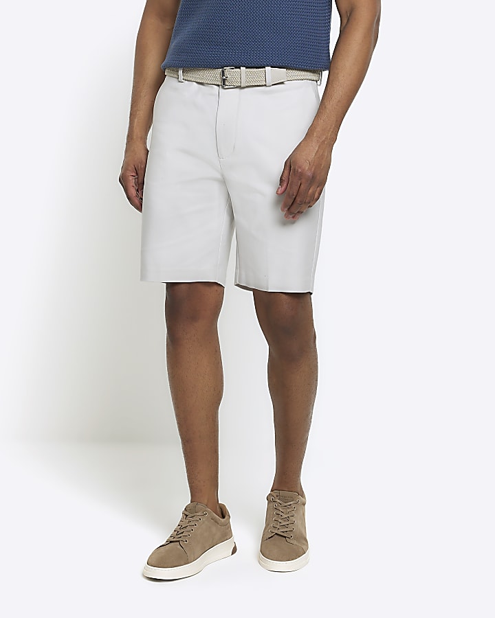 Cream slim fit belted chino shorts