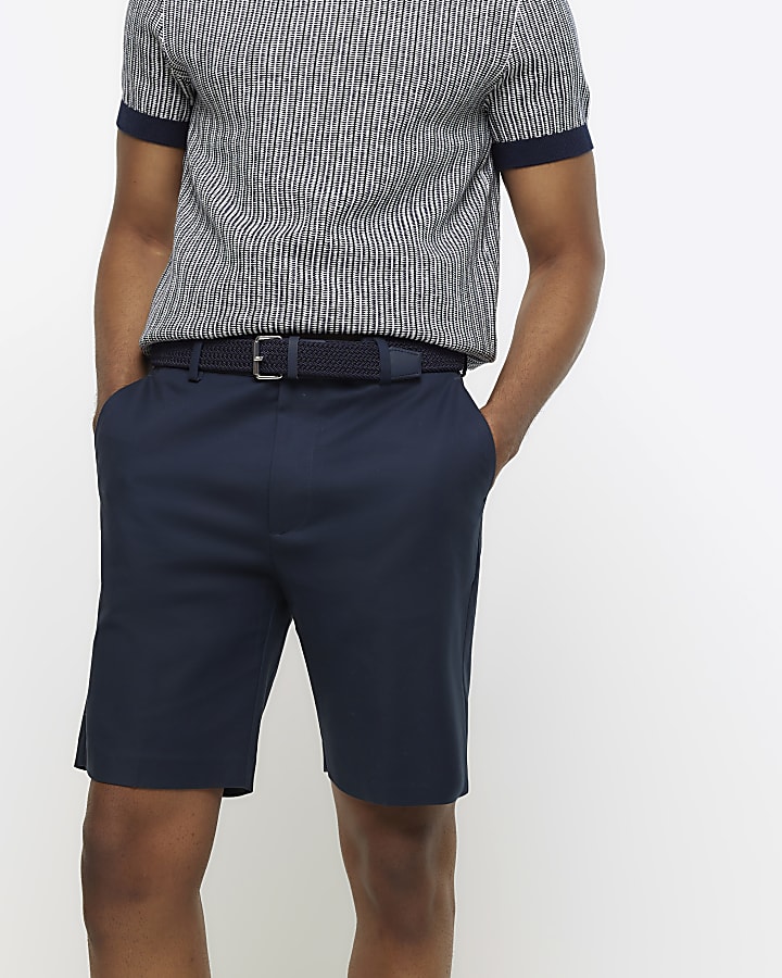 Navy slim fit belted chino shorts