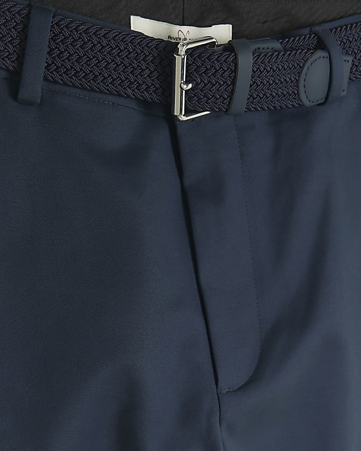 Navy slim fit belted chino shorts
