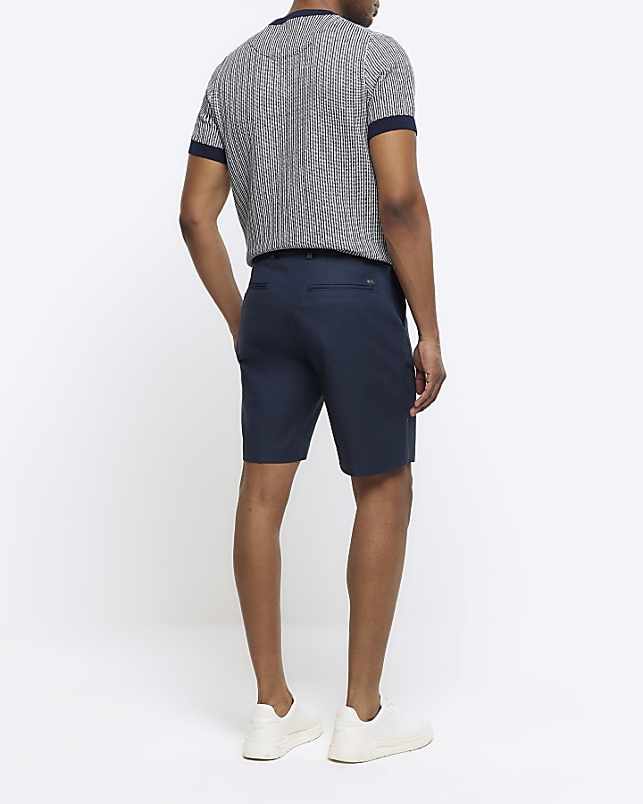 Navy slim fit belted chino shorts