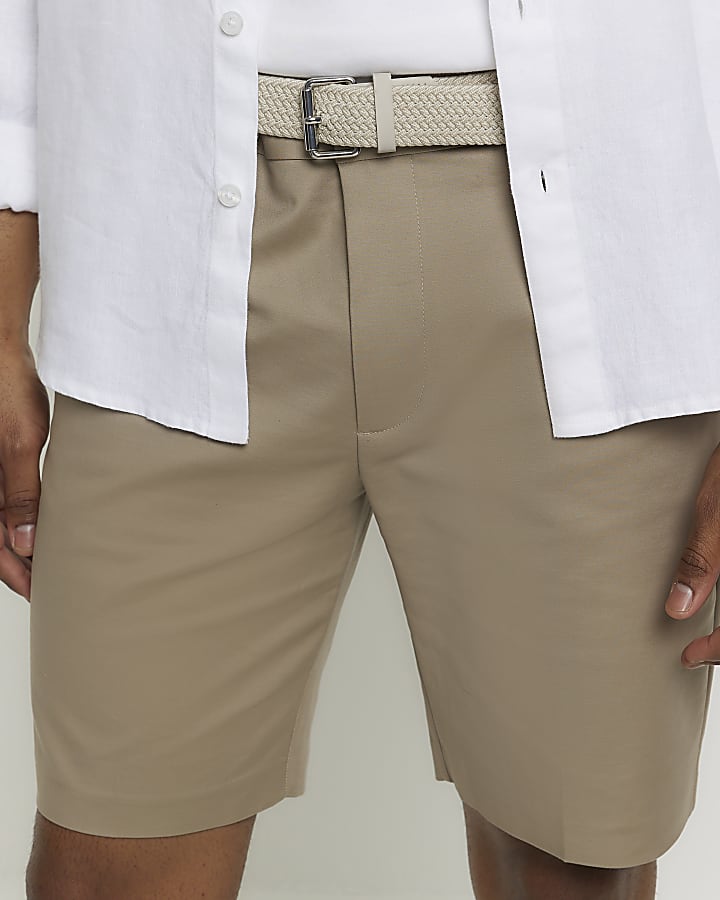 Beige slim fit belted chino shorts