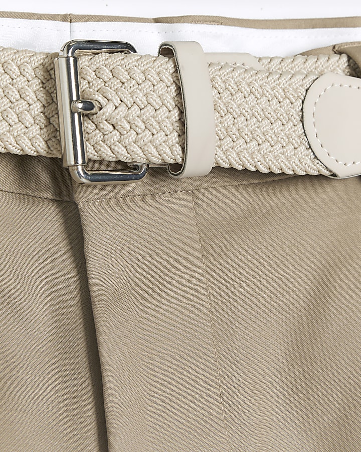 Beige slim fit belted chino shorts