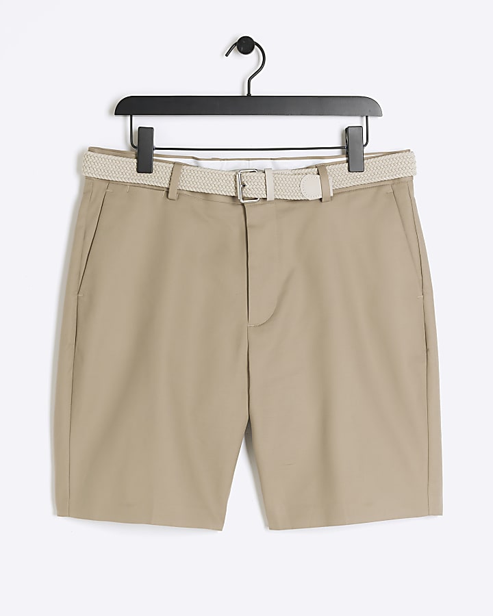 Beige slim fit belted chino shorts