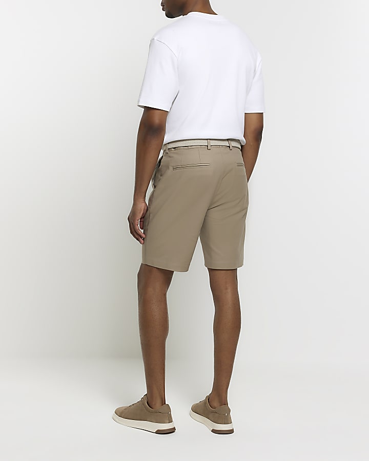 Beige slim fit belted chino shorts