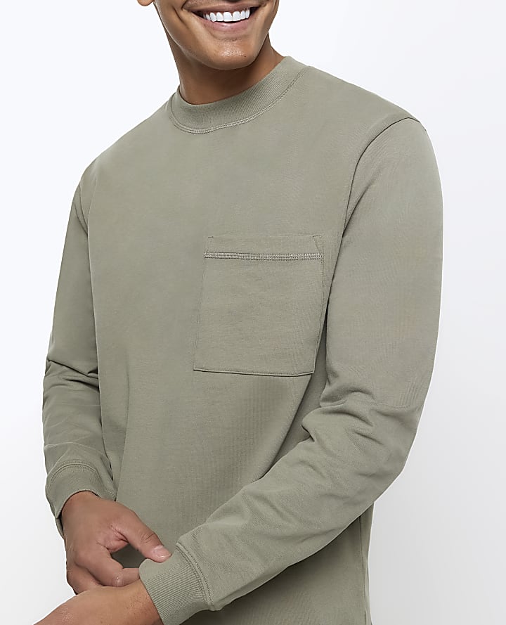 Khaki regular fit pocket long sleeve t-shirt