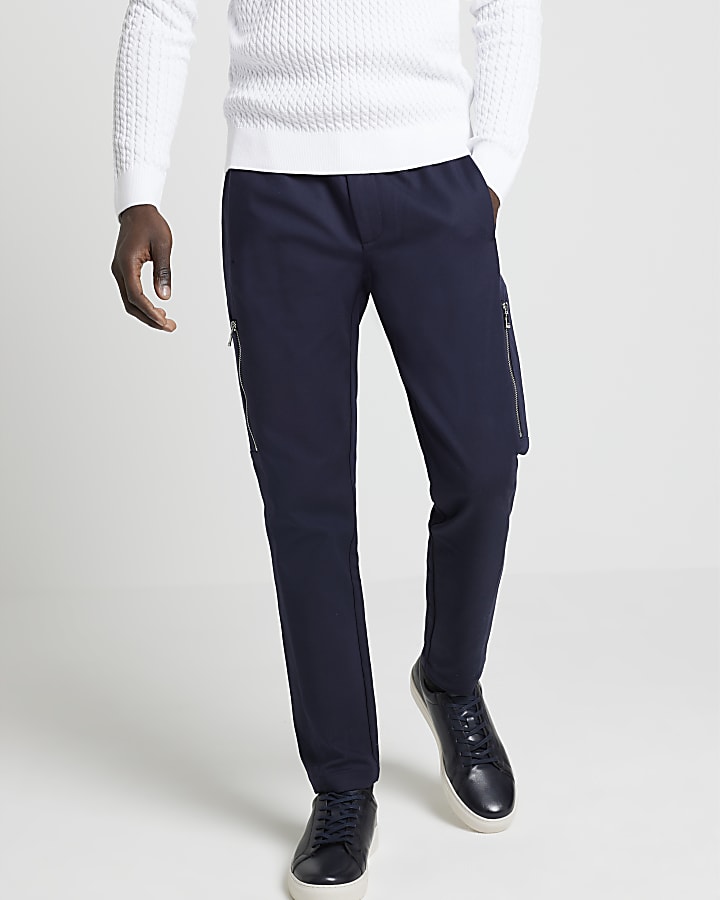 Navy slim fit zip cargo trousers