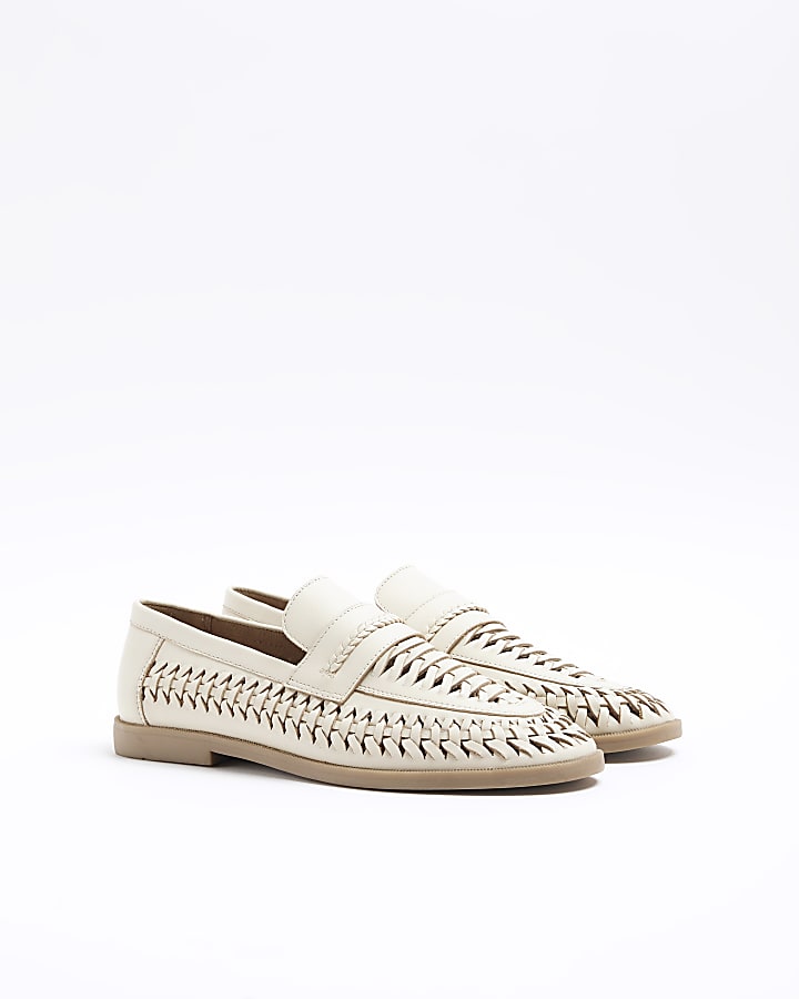 White leather woven loafers