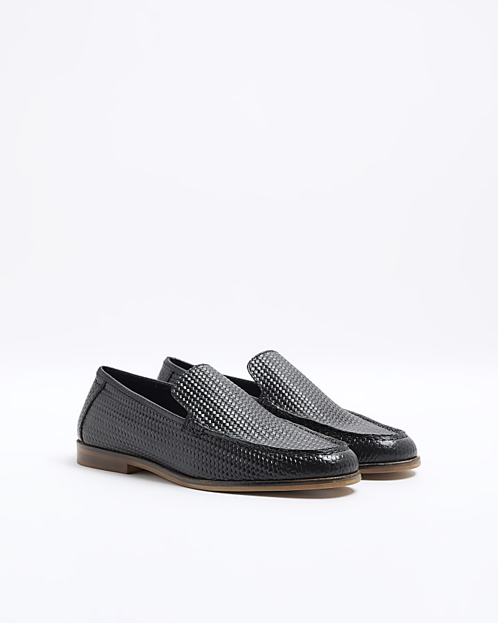 Black leather weave loafers