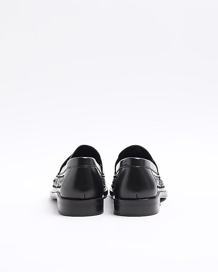 Black leather woven trim loafers