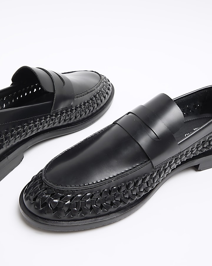 Black leather woven trim loafers