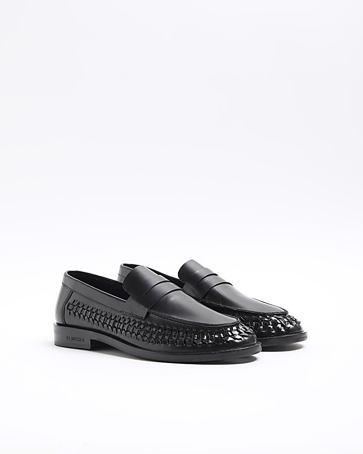 Black leather woven trim loafers