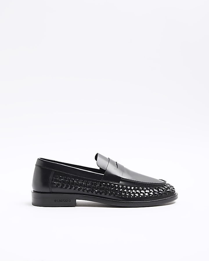 Black leather woven trim loafers