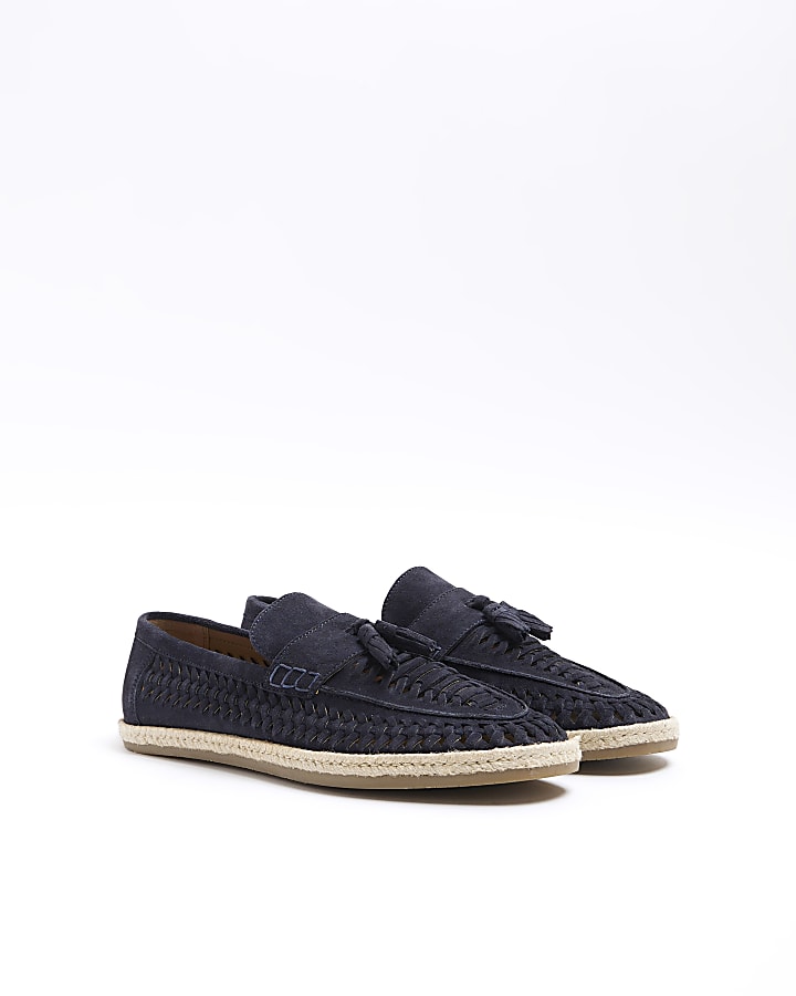 Navy suede woven loafers