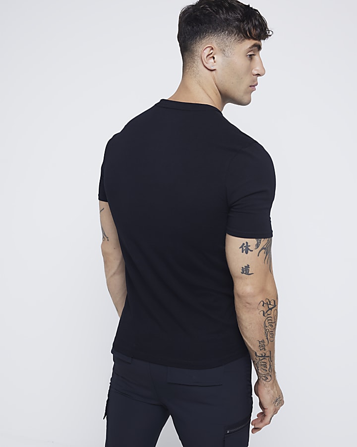 Black muscle fit stretch V neck t-shirt