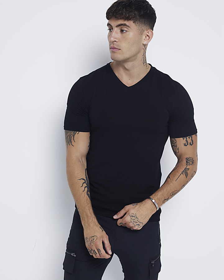 Black muscle fit stretch V neck t-shirt