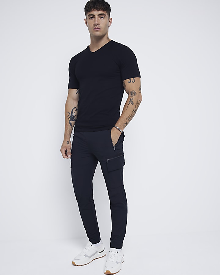 Black muscle fit stretch V neck t-shirt