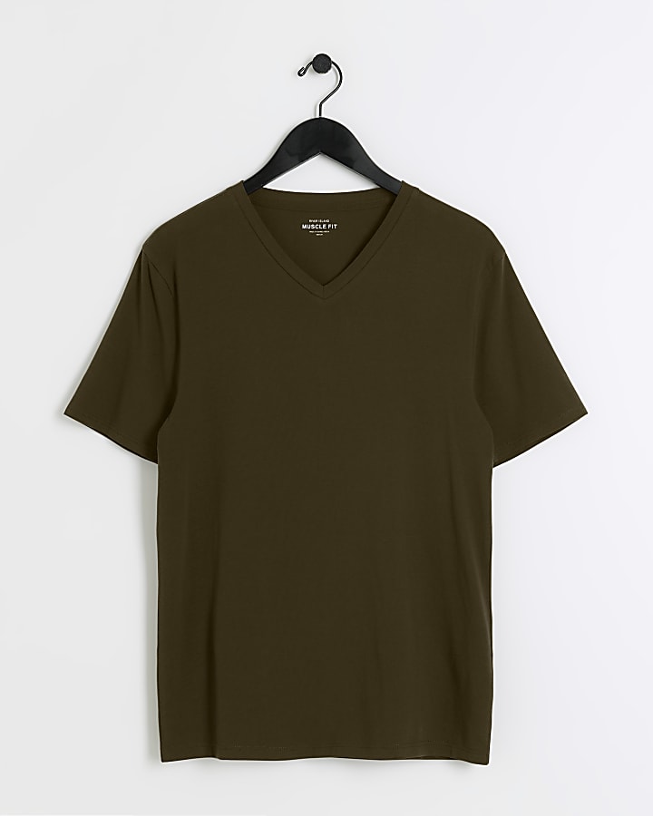 Khaki muscle fit V neck t-shirt