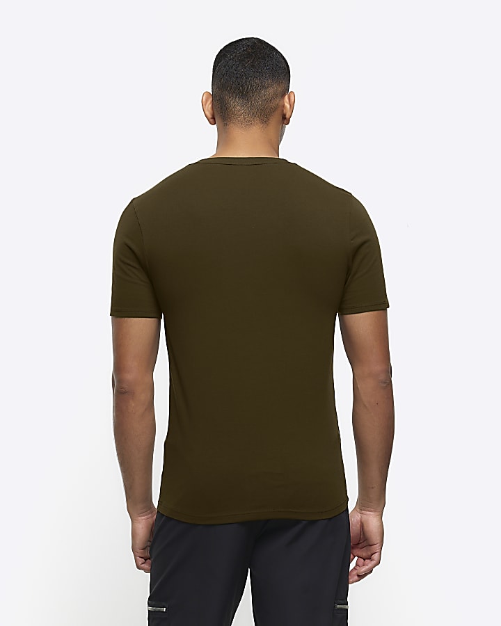 Khaki muscle fit V neck t-shirt