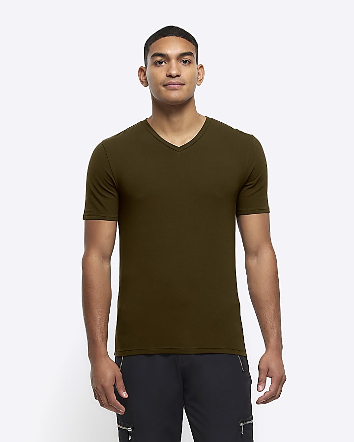 Khaki muscle fit V neck t-shirt