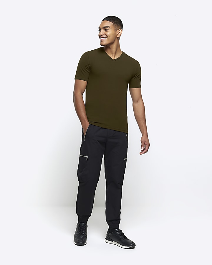 Khaki muscle fit V neck t-shirt