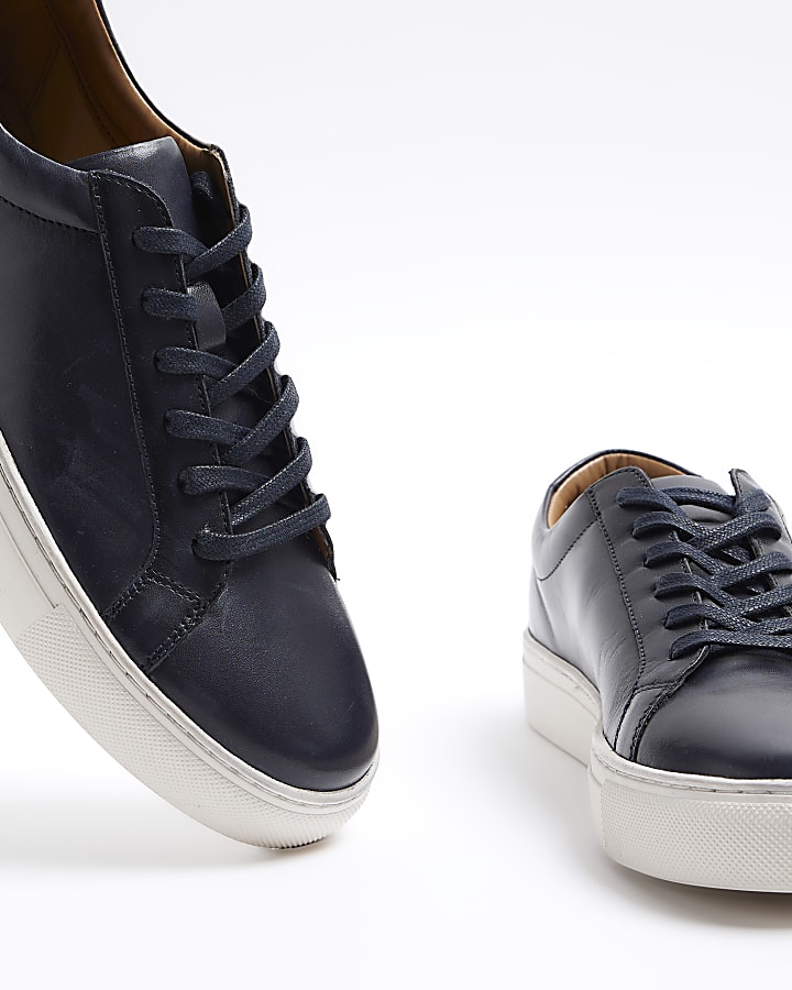 Navy leather lace up trainers