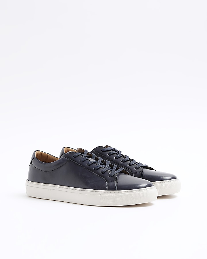 Navy leather lace up trainers