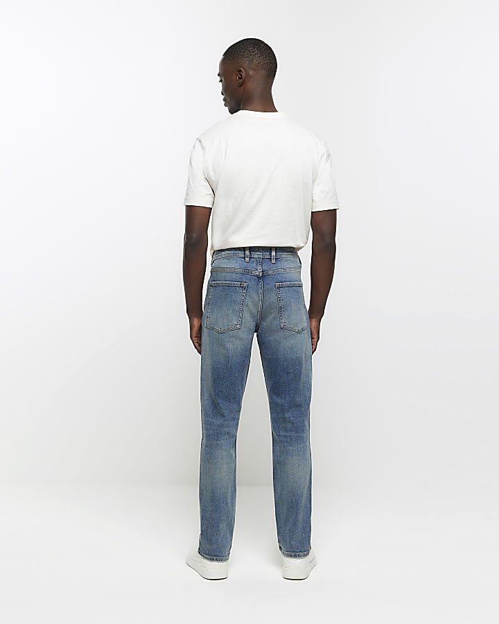 Blue straight fit faded jeans