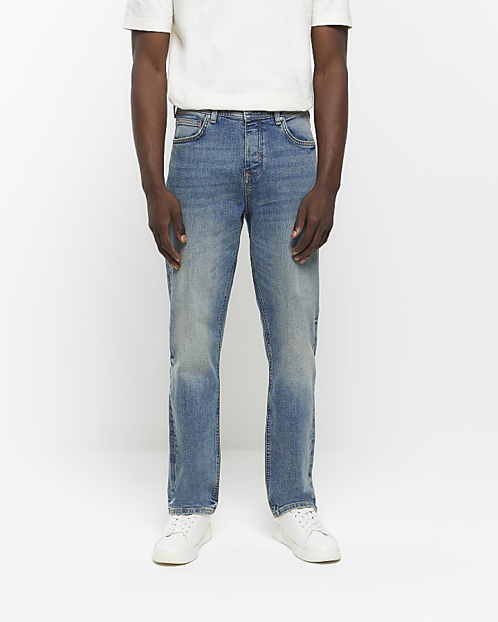 Blue straight fit faded jeans