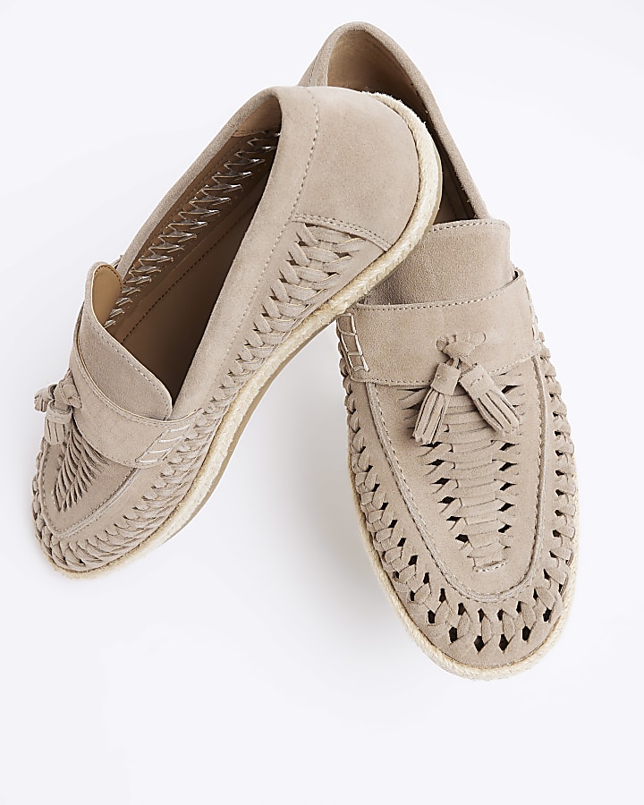 Stone suede woven loafers