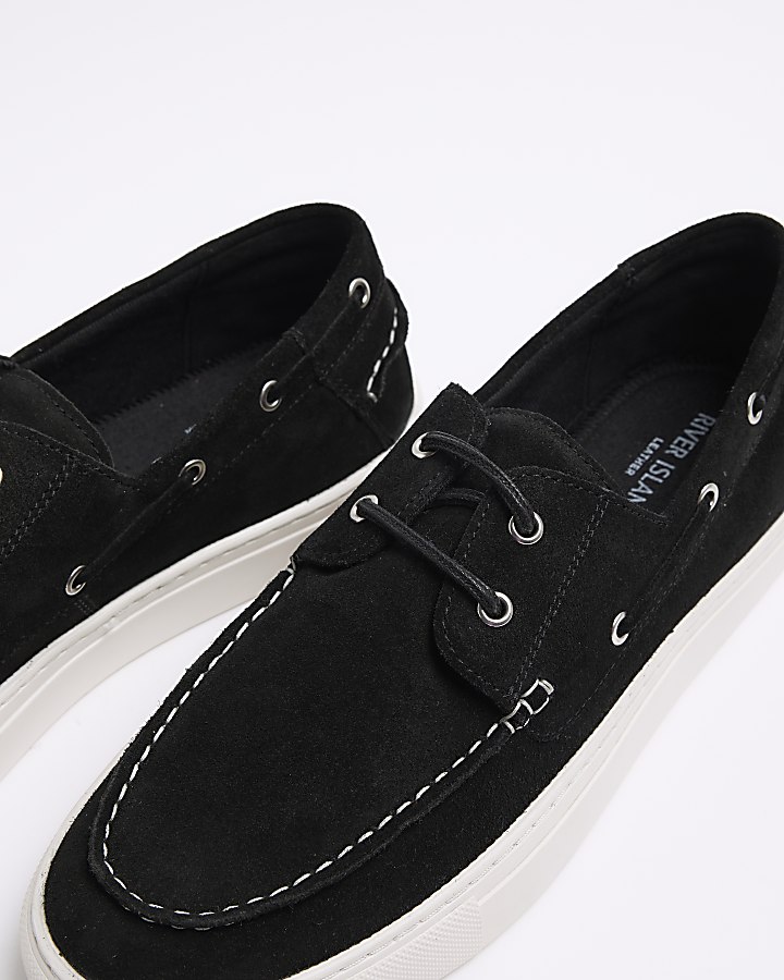 Black suede boat shoes