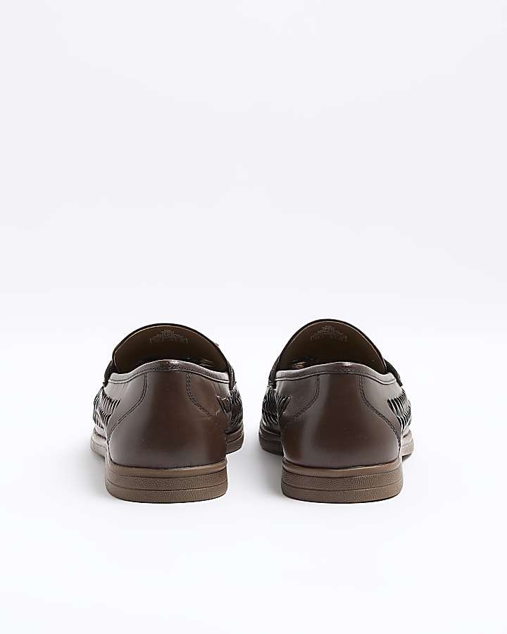 Brown leather woven tassel loafers