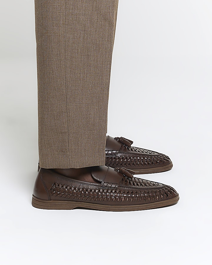 Brown leather woven tassel loafers