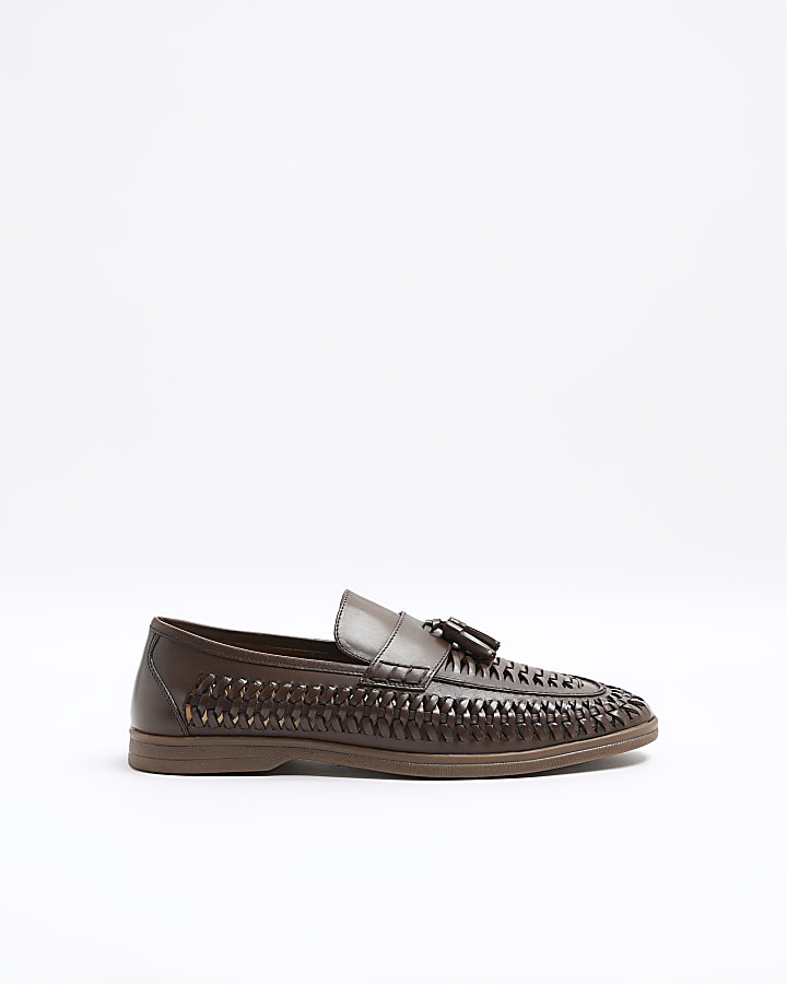 Brown leather woven tassel loafers