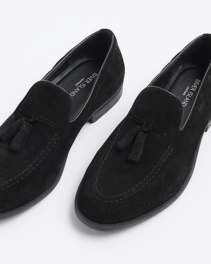 Black suede tassel loafers