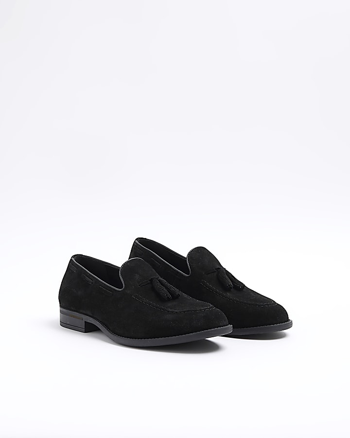 Black suede tassel loafers