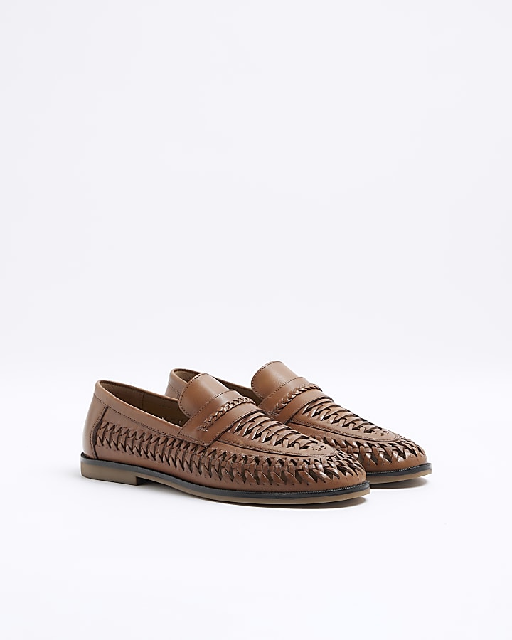 Brown leather woven loafers