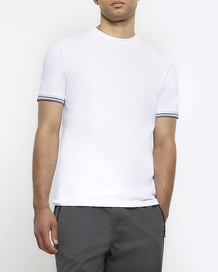 White slim fit taped sleeve t-shirt