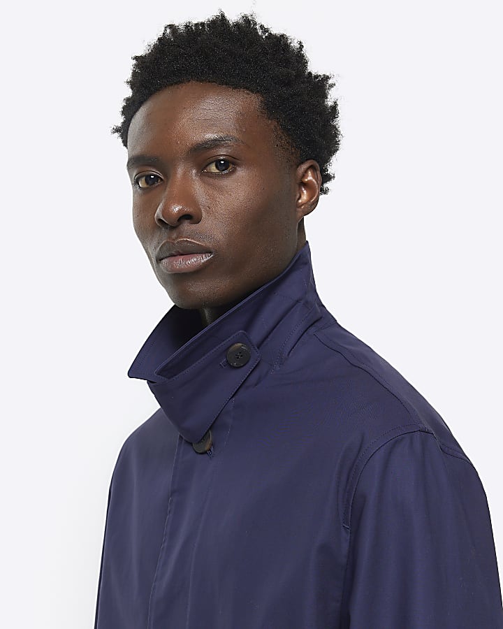 Navy regular fit longline trench coat