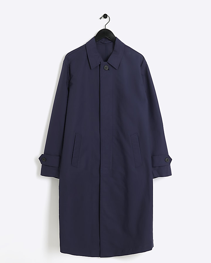 Navy regular fit longline trench coat